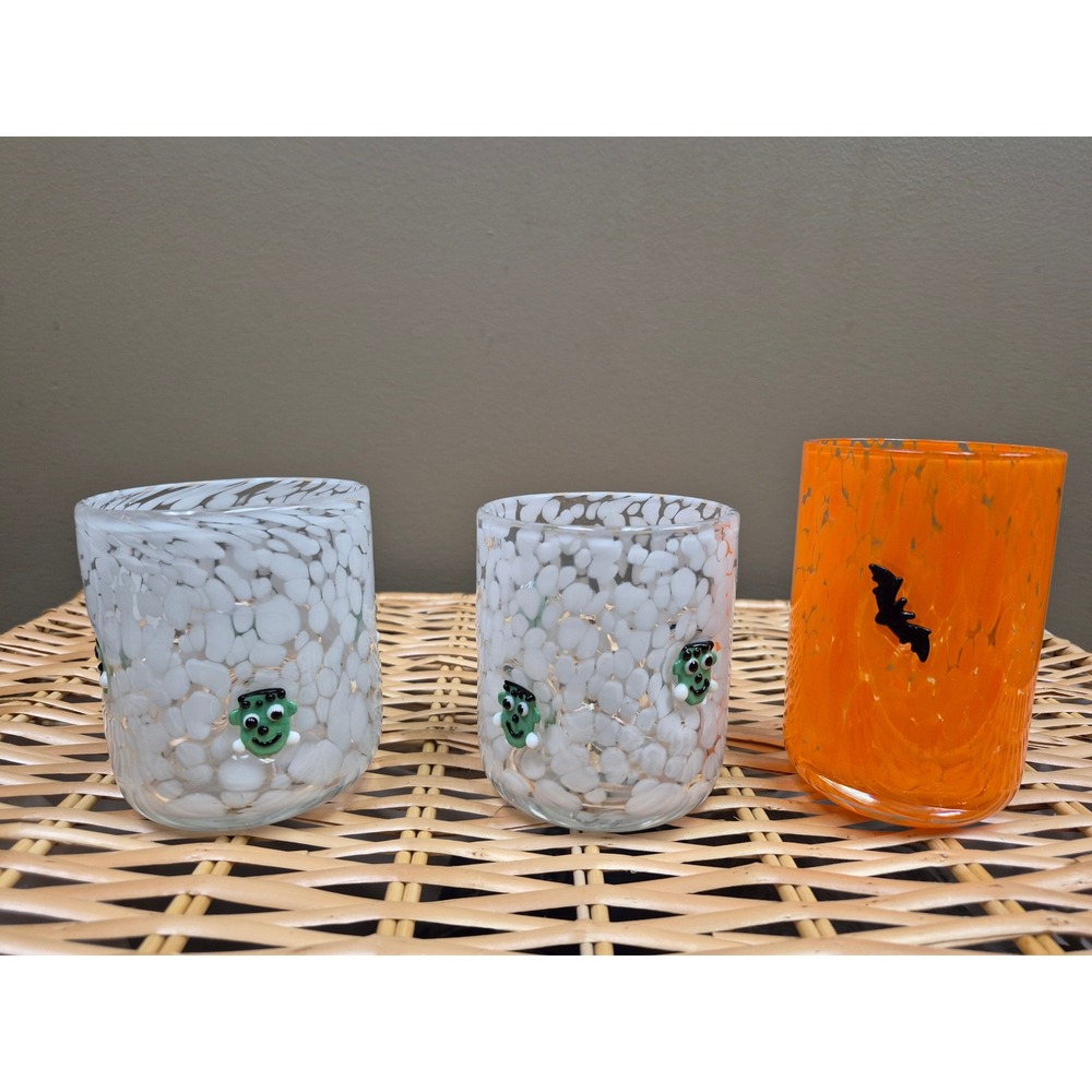 Halloween Hand Blown Confetti Art Glass Tumblers Frankenstein Bat Set of 3 Decor